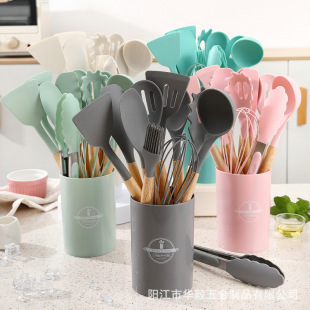 Cross-border cooking 12 pieces of suit silicone spatula kitchenware non-stick special wooden handle silicone spatula spoon factory direct supply