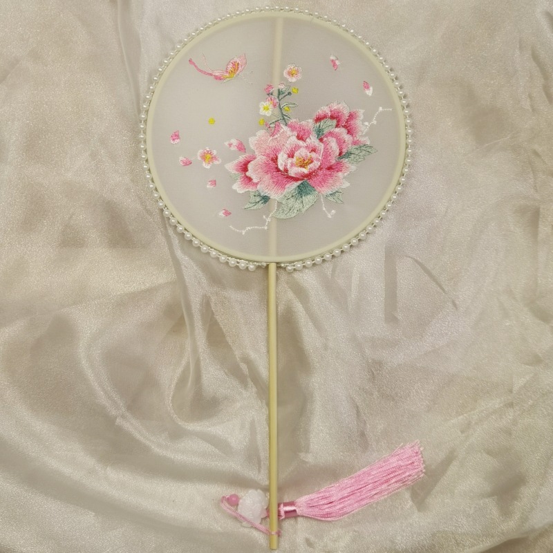 真珠手作り扇子、刺繍扇子、古風丸型扇子、民族風刺繍扇子、古典舞踊扇子|undefined