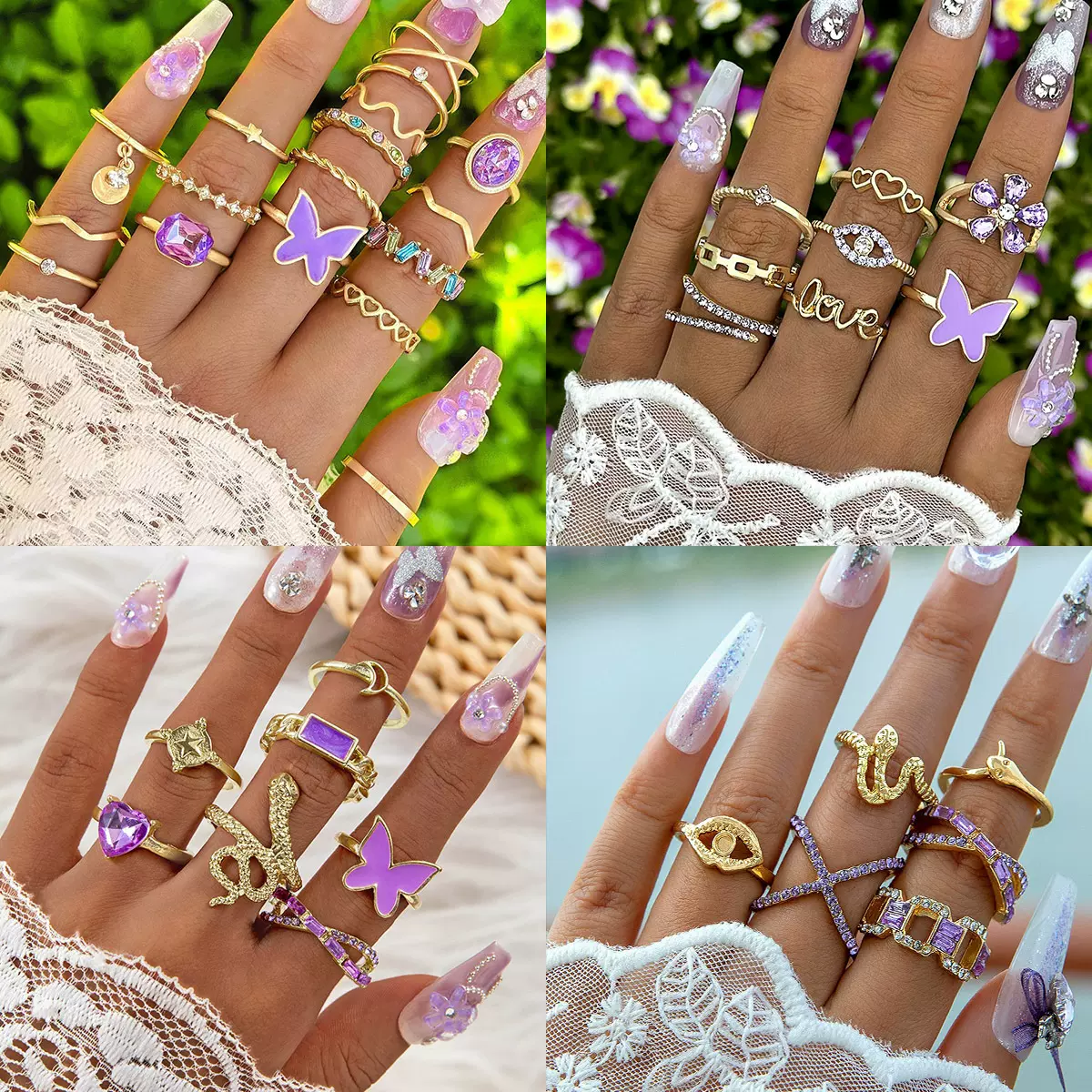 欧美跨境轻奢饰品 紫色镶钻爱心八件套戒指 桃心蛇形多件套戒指