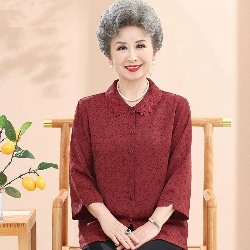 Бабушка летняя рубашка с рукавами из семи частей, старшая одежда, старушка, старушка, рубашка 60 лет, мама, летняя топ