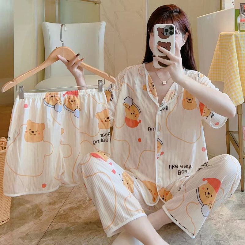 新しいカーディガンのパジャマの女性の半袖のズボンの3つのセットの漫画のかわいいレジャーの家の服の四季は外で着ることができます。|undefined