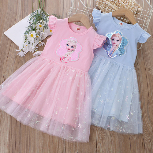 2024 Summer Girls' Clothing New Dress with Sleeveless Design, Sparkling Princess Dress, Cartoon Net Dress for Foreign Trade, Drop Ship One Piece