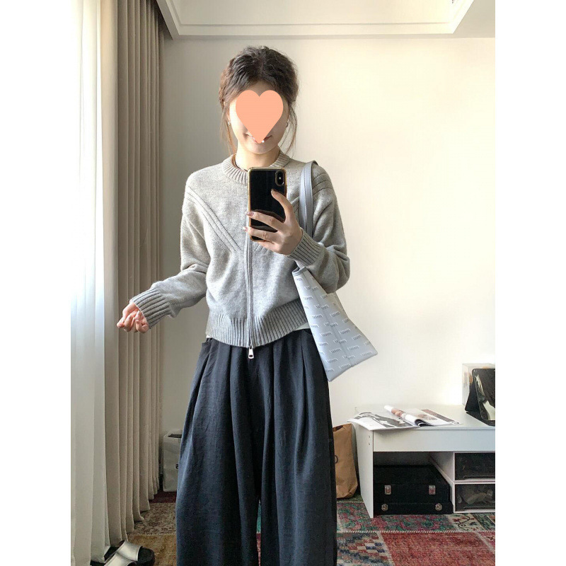 小个子针织开衫灰色毛衣外套女初秋季2025新款百搭慵懒风拉链上衣|undefined