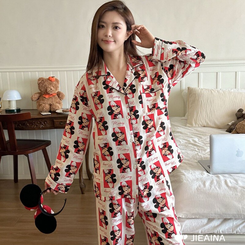 JIEAINA趣味卡通轻纱睡衣套装女春秋新款日系可爱格子米奇家居服|undefined