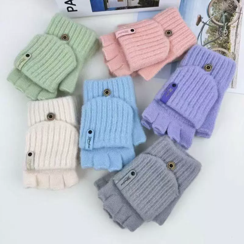 毛绒翻盖手套男女露半指学生写字保暖加厚冬季针织防寒骑行可触屏