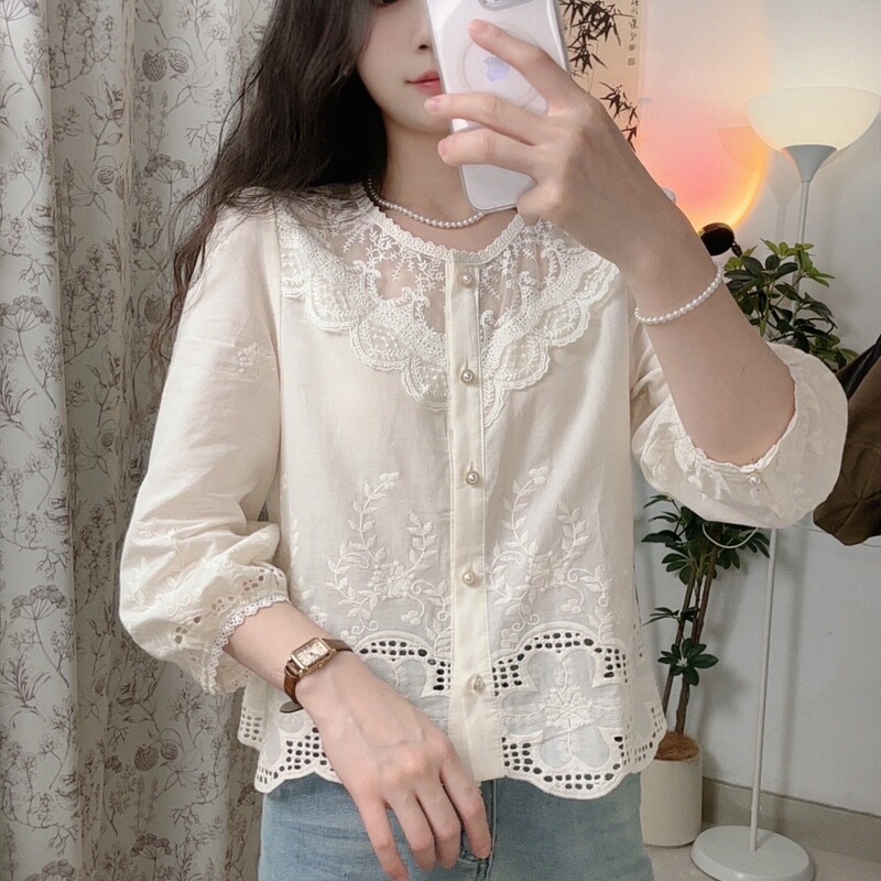 新款早秋七分袖衬衫女新款淑女小衫宽松甜美百搭上衣女杏色|undefined