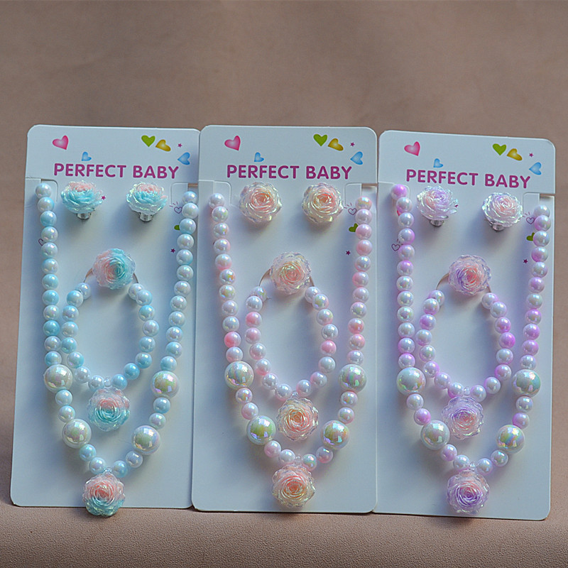 Children's Pearl Necklace and Bracelet Set, Cute Flower Ear Clips, Girls' Princess Style Accessories, Wholesale for Cross-Border Supply