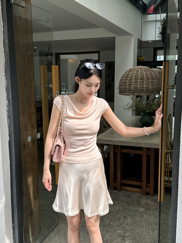 Jiaojiao Girlfriend Tencel Lyocell Elegant Swing Collar Small Flying Sleeve Top Temperament Slim Short Sleeve Summer Lightweight T-Shirt