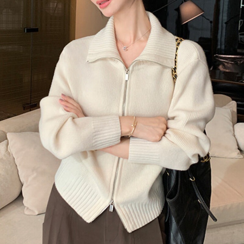 Korean-style knitted cardigan for autumn and winter, with large lapel, two-way zipper, solid color, slim fit, casual and elegant, long-sleeved shirt Korean-style knitted cardigan for autumn and winter, with large lapel, two-way zipper, solid color, slim fit, casual and elegant, long-sleeved shirt