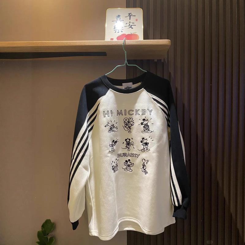 Autumn and Winter New American High Street Style Mickey Mouse Heavy Embroidery Three-Stripe Loose Patchwork Sweatshirt Student Long-Sleeve Top