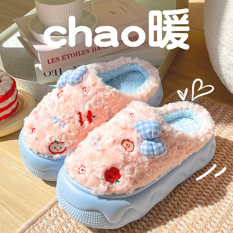 厚底蝴蝶结棉拖鞋女冬季2025新款室内居家防滑可爱保暖毛毛绒拖鞋|undefined