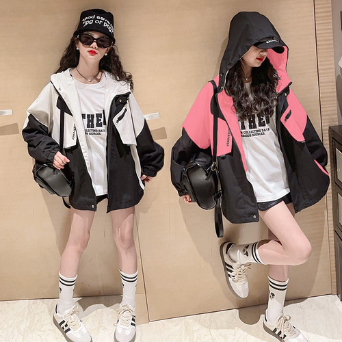 Girls  new spring style children's versatile tops, fashionable spring clothes, medium and large children's color-blocked jackets