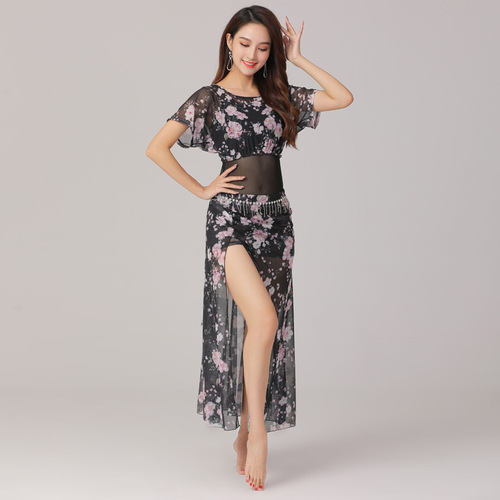 New autumn and winter large size belly dance practice clothes suit mesh oriental dance performance clothes slit skirt