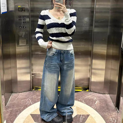 韩系慵懒撞色条纹V领毛衣女秋冬2025新款软糯内搭打底针织衫上衣