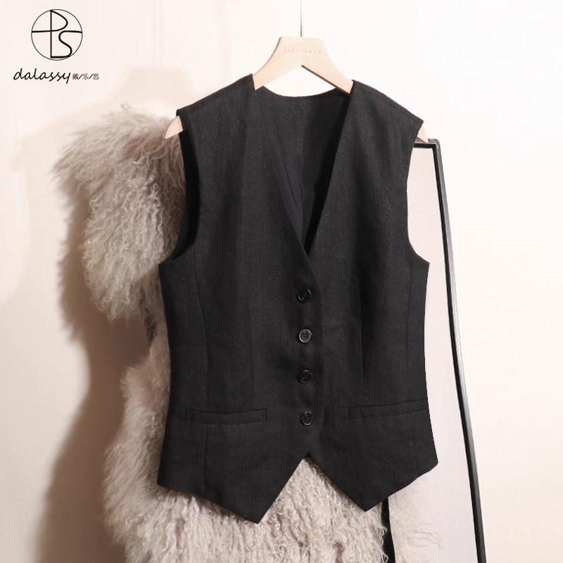 Old Money Style Pure Linen Raw Linen Vest for Women, Summer Thin Single-Wear Outer Short Suit Vest, Black