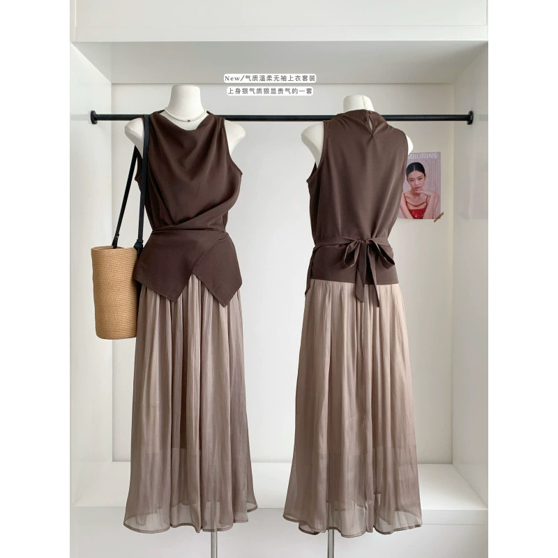 Элегантный облегающий топ без рукавов во французском стиле с перекрестными складками + юбка феи с высокой талией, комплект из двух предметов.