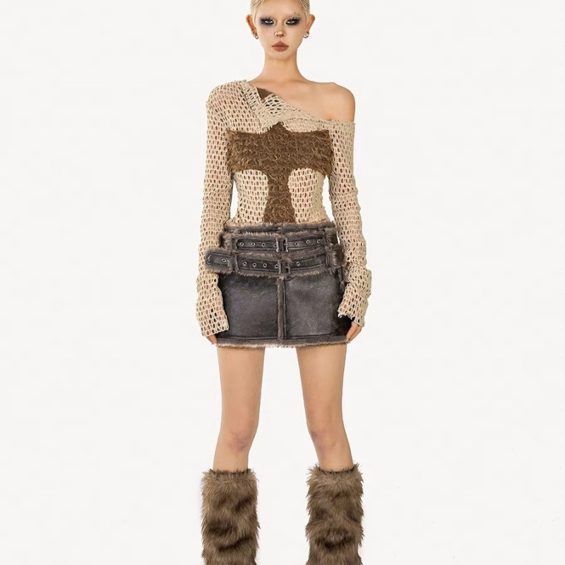 Wasteland Style Street Niche Ripped Hollow Off-Shoulder Long-Sleeved Knitwear for Women Fishnet Outer Top Sexy Blouse Wasteland Style Street Niche Ripped Hollow Off-Shoulder Long-Sleeved Knitwear for Women Fishnet Outer Top Sexy Blouse