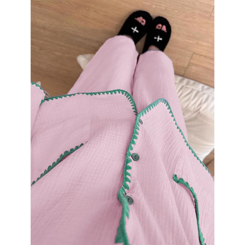 温柔少女撞色棉纱睡衣女春秋2025新款韩系大码长袖长裤家居服套装|undefined