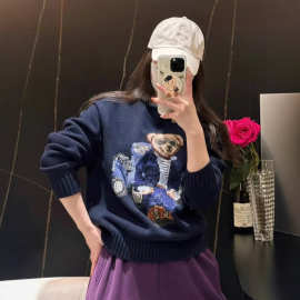 R冬季女装小熊针织衫毛衣刺绣熊工织花图片针织套头休闲百搭