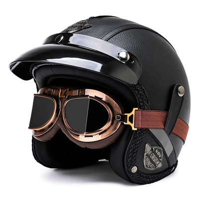 Motosiklet dəbilqələri — Certified Retro Cruise Motorcycle Helmet - m-classic-black-bronze-mirror-free-hat-brim-face-towel