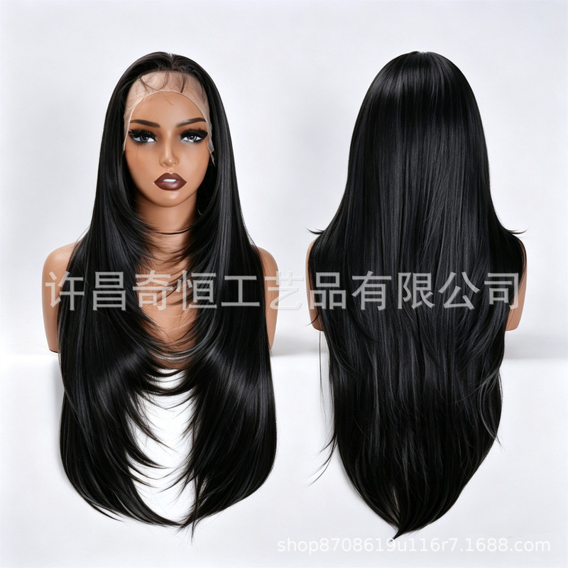 Xuchang 13×4 Frontal Lace Wig High-Density Black Synthetic Fiber Hand-Tied Lace Wig Full Head Wig for Women