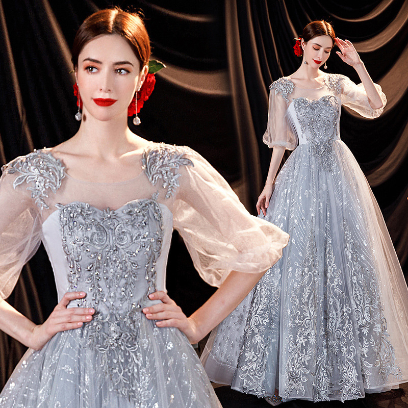 Smoke Gray Evening Dress with Long Sleeves 2026 New Model for Annual Meeting Piano Performance Host Performance Wedding Dress Autumn Smoke Gray Evening Dress with Long Sleeves 2026 New Model for Annual Meeting Piano Performance Host Performance Wedding Dress Autumn