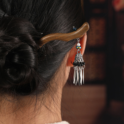 Ancient-style black sandalwood hairpin, green sandalwood tassel hair ornament, daily hairstyle hairpin, Hanfu accessory, simple hair comb for hair styling
