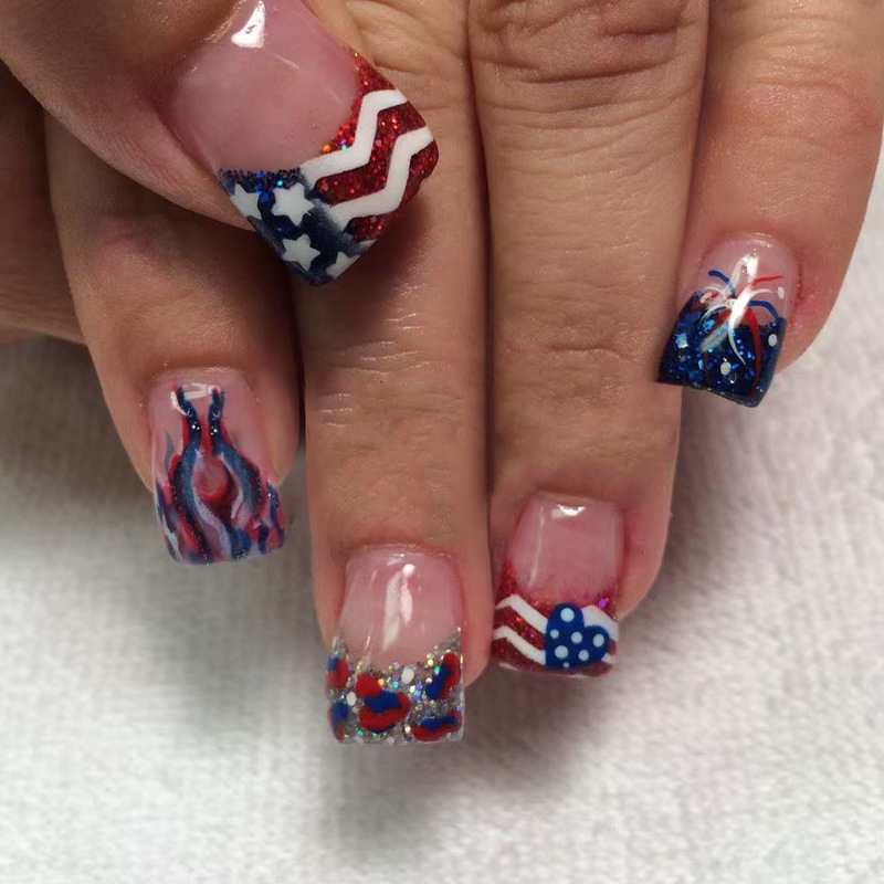 American Independence Day Flag Polka Dot Flame Leopard Print Fireworks Design French Style Short Square Wear Manicure Nails