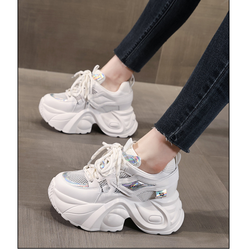 Giày sneaker nữ đế dày tăng chiều cao lưới thoáng khí — Màu vàng trắng chi tiết 17
