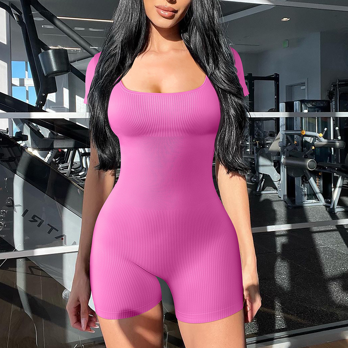 Mono deportivo sexy de manga corta con cuello cuadrado y color sólido para mujer, estilo europeo y americano, de cintura alta. image 9