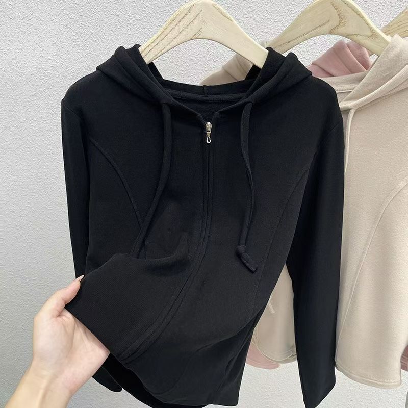 Autumn and Winter Thickened Warm Hooded Sweatshirt for Women, Solid Color Fishbone Waist Design, German Velvet Jacket Cardigan Top, Fashionable