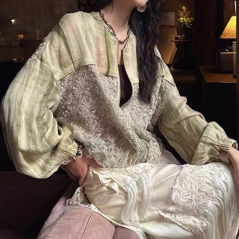 【绕芳旬】提花晕染珠片蕾丝拼接夹克2025秋季新款重工时髦夹克女|undefined