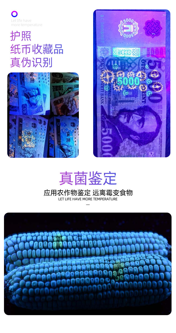 365Nm Purple Light Flashlight 20W Ultraviolet Light for Banknote Detection, Jewelry and Gemstone Identification, Fluorescent Agent Detection Uv Flashlight