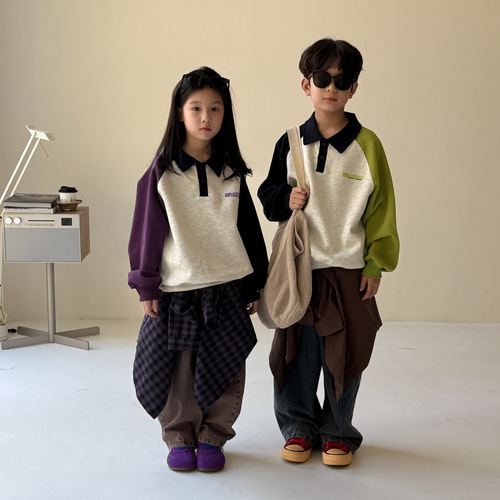 Children's 2025 Autumn Polo Shirt Collar POLO Sweatshirt Korean Style Collared Casual Loose Top for Boys and Girls