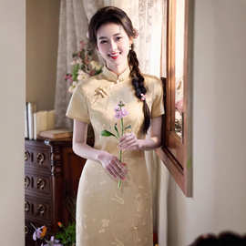 竹节麻印花前开叉短款旗袍连衣裙日常年轻改良女气质中国风小个子