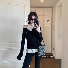 甜辣小上衣长袖t恤女2025秋季新款纯欲风蕾丝叠穿露肩两件套上衣