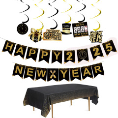 2025happy new year新年フラッグ新年スパイラル6枚入り黒金新年バナー年越し装飾