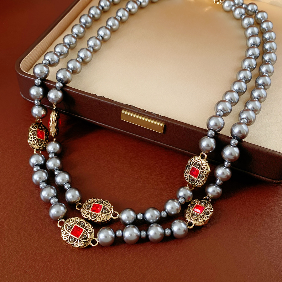 Medieval vintage elíptico con diamantes de doble capa collar de perlas cadena de suéter retro lujo ligero conjunto de joyas de alta calidad