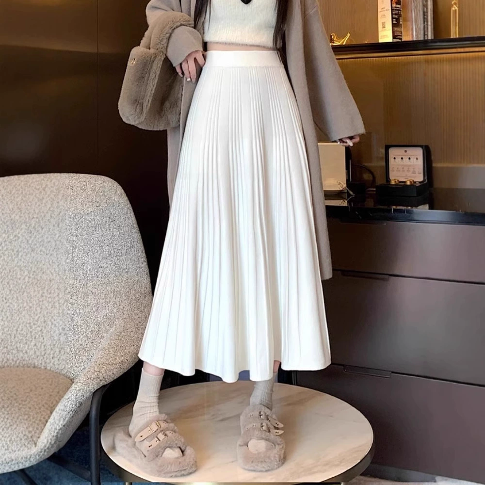 Трансграничная трикотажная юбка женский осенне-зимний свободный чехол для плоти тонкая плиссированная юбка ленивый повседневный юбка среднего и длинного