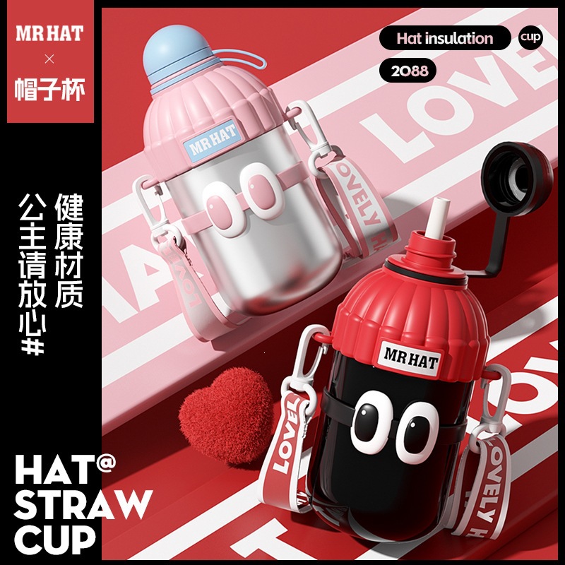 2024 taza de sombrero rojo de alto valor facial hermosa correa de viento de paja de acero inoxidable tamaño universal taza de agua para niños