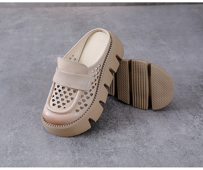 Sandal nữ đế dày da bò thật, mũi bít lỗ, gót thấp đi hè — Màu nâu chi tiết 14