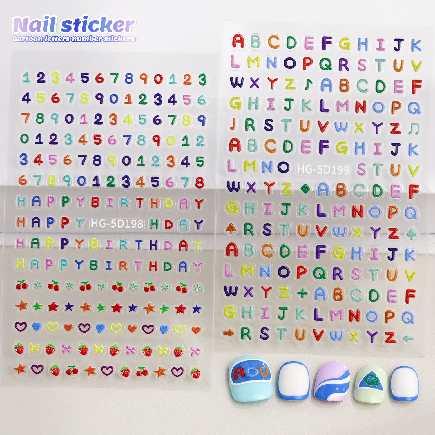 Dopamine English Letter Nail Art Sticker 5D Relief Stereo Arabic Numerals Nail Sticker Jewelry HG
