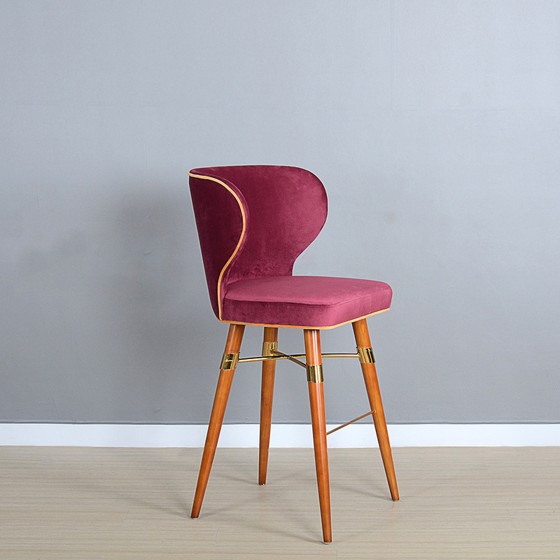 Velvet Fabric Upholstered Hotel High Stool, Solid Wood Bar Chair, Bar Chair with Backrest, Bar Front Desk Chair
