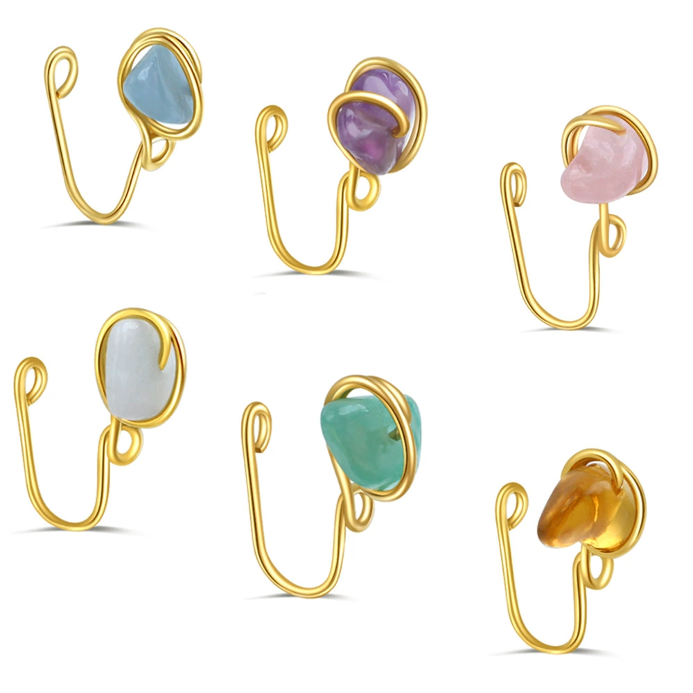Мужской и женский целебный кристалл, натуральный гравий, кольцо для носа ручной работы, зажим для носа, костюм с покрытием из настоящего золота 18 карат, поддельное кольцо для носа без перфорации