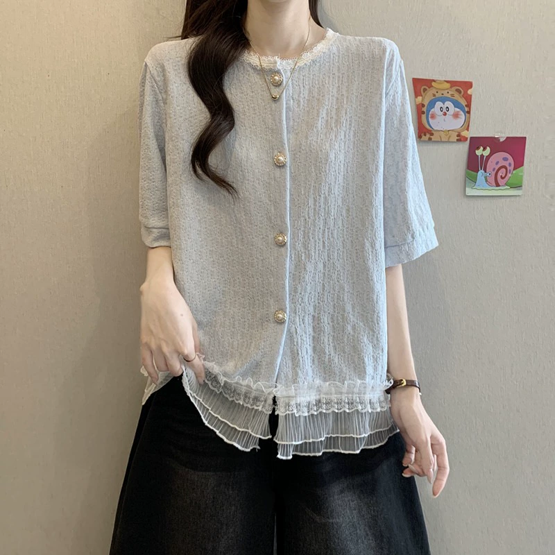 Женская рубашка с короткими рукавами и французским кружевом, летняя нижняя рубашка для полных девушек, топ большого размера, закрывающий живот