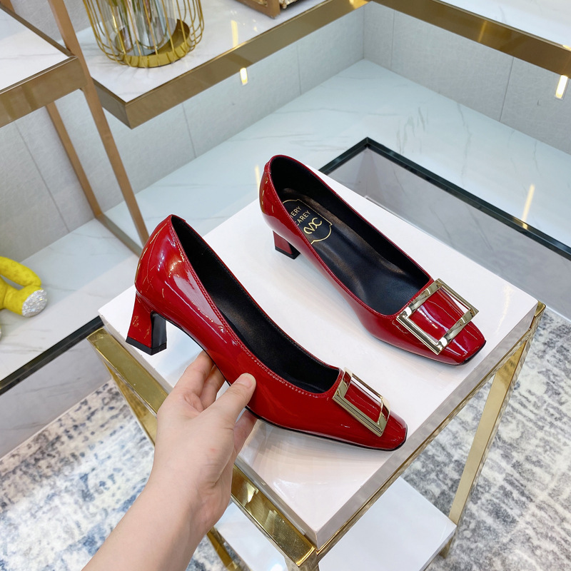 工場直売rv漆皮角ボタン太ヒール靴とファッションカップと浅口シングル靴赤い結婚靴|undefined