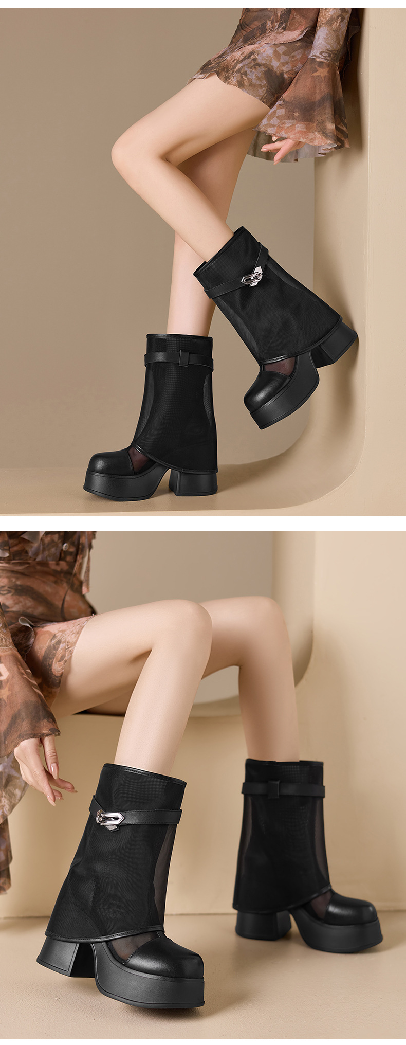 Boot nữ cổ cao ôm bắp chân đế dày 10 cm, lưới thoáng khí, khóa kim loại — màu đen, màu trắng chi tiết 11
