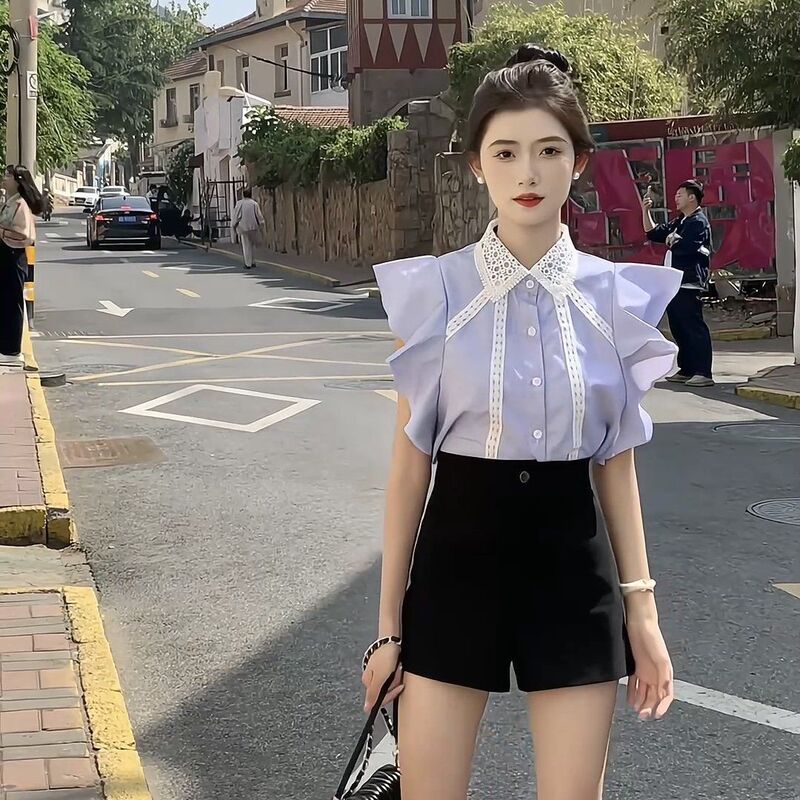 New lace collar doll collar shirt, cute and fresh, versatile style with ruffle sleeves New lace collar doll collar shirt, cute and fresh, versatile style with ruffle sleeves