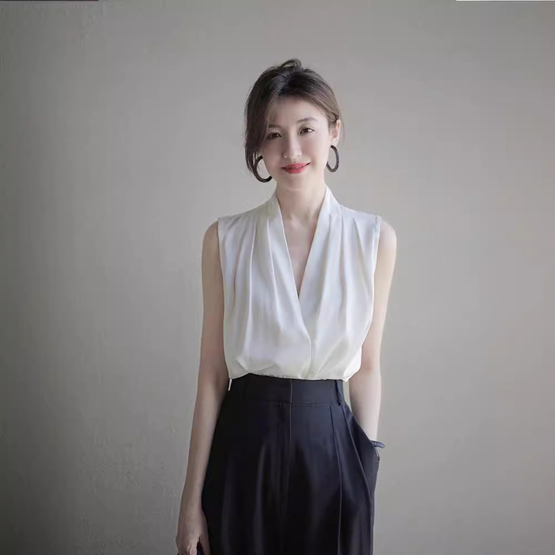 Satin Imitation Silk V-Neck Camisole Women's Summer Suit with Acetate Sleeveless Shirt Halter Pure Color Top