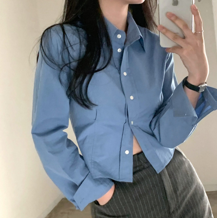 Korean Style Design Sense Short Waist Slimming Long-sleeved Shirt Women's Spring and Autumn Thin Coat Shirt Elegant All-match Top Korean Style Design Sense Short Waist Slimming Long-sleeved Shirt Women's Spring and Autumn Thin Coat Shirt Elegant All-match Top